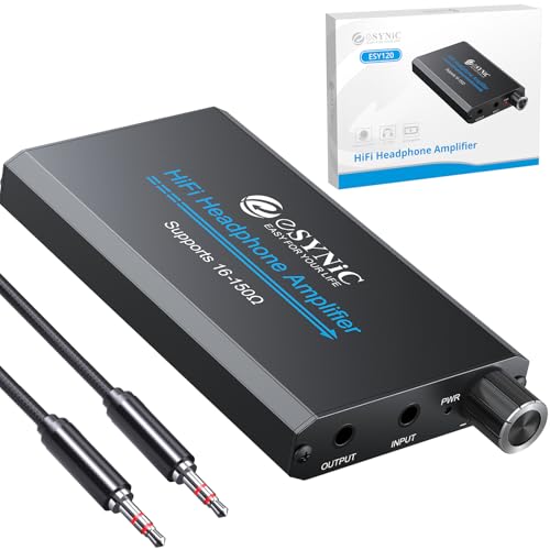 eSynic Portable Headphone Amplifier - Aluminum Alloy High Fidelity Headphone Audio Amp with 2 Stage Gain Switch (16-150?) | Rechargeable Designed (8H Playtime) | 3.5mm AUX for MP3/Phone/PC |0003% THD|