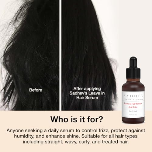 Image of Sadhev Ayurvedic Leave-In Hair Serum - Anti-Frizz Formula with Rice Water & Amla | Smooths & Controls Frizz for Dry, Damaged Hair | Lightweight | For Women & Men | 30ml