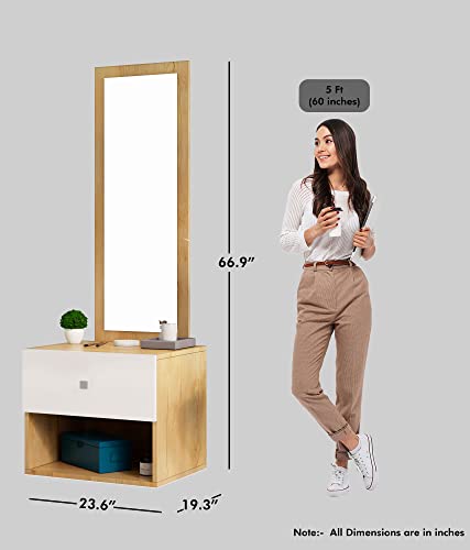 Image of Bniture Wooden Dressing Table for Bedroom with 1 Drawer, Mirror and Huge Storage Space | Long Dresser Vanity Table with Mirror (42D x 60W x 180H CM) (Giant Wood & Frosty White, HXDR105)