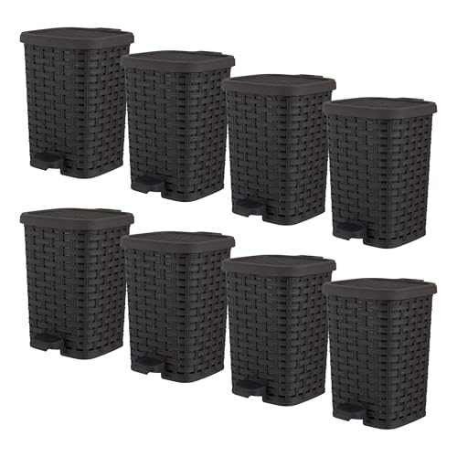 Image of Superio Mini Trash Can with Foot Pedal Small Outdoor Garbage Can with Lid, 1.5 Gallon Plastic Waste Basket for Bathroom, Bedroom, Kitchen, Office, Patio (Wicker Brown 6 QT.), 8 Pack