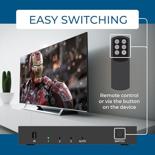 Image of OREI 8K 3-Port HDMI 2.1 Switch, 3-in 1-Out, 8K@60Hz, Manual & Auto Switch | hdmi switch with remote, hdmi switch 4k 120hz, HDR10+, Dolby Vision, VRR, ALLM, CEC, PS5 /Xbox compatible
