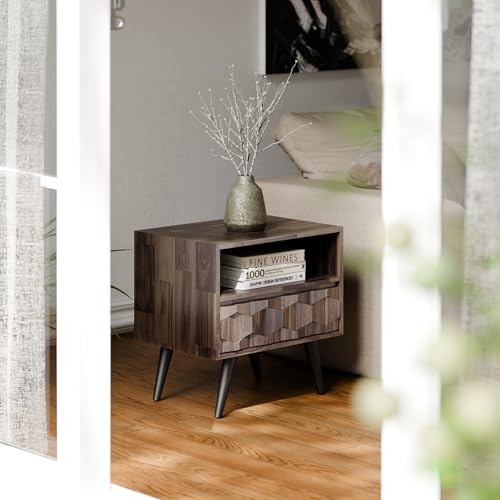 Image of Bme Georgina Solid Wood Nightstand with 1 Drawer & Open Shelf- Fully Assembled Mid Century Modern Side Table - Geometric Pattern Bedside Dresser for Bedroom and Living Room, Mocha