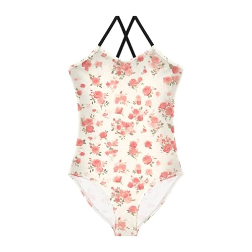 KLL Seamless Pattern Red Roses Girls' 1 Piece Bathing Suit Beach Swimwear Adjustable Strap Cute