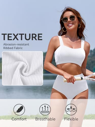 Ensemble de bikini côtelé pour femme avec bas taille haute et haut bandeau push-up doux
