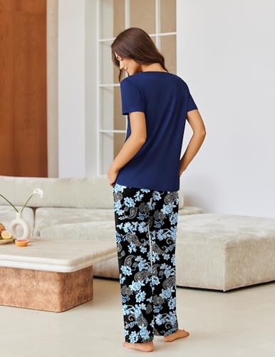 Image of Ekouaer Pajama Sets for Women Short Sleeve Pj Set V Neck Sleepwear Chest Pocket with Long Pants Casual Loose Loungewear
