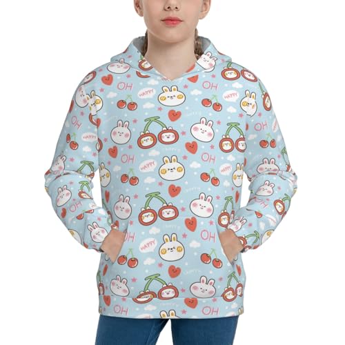 Cute Rabbit with Cherry Kid Hoodies Boys Sweatshirts Girls Pullover with Pocket
