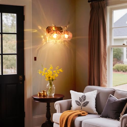 Image of Brushed Gold Vanity Light Amber Hammered Glass Wall Sconce 2-Light Brass Wall Lamp for Hallway Living Room Stairwell Bathroom Over Mirror