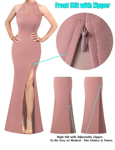 Image of VFSHOW Womens Formal Sexy Halter High Slit Prom Wedding Guest Maxi Dress 2023 Illusion Sweetheart Neckline Evening Long Gown