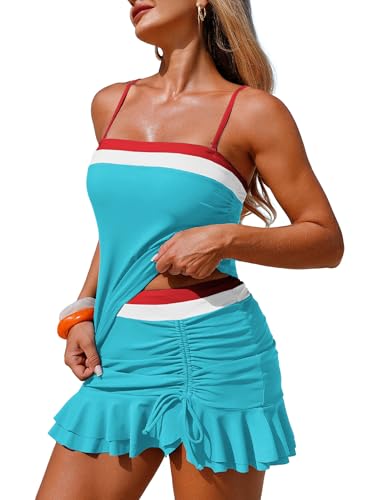 Image of ZAFUL Colorblock Bandeau Tankini Swimsuits for Women 2 Piece Tummy Control Bathing Suit Drawstring Ruffle Swim Skort