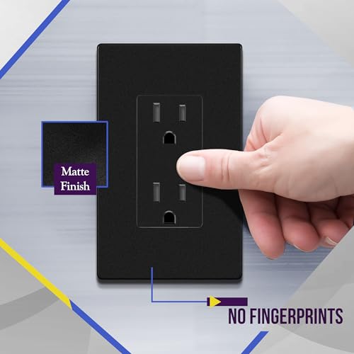 Image of ENERLITES 5 Pack Matter Black Decorator Receptacle with Screwless Wall Plate, Standard Electrical Wall Outlet, 15A 125V, Self-Grounding, 2-Pole, 3-Wire, 5-15R, UL Listed, Tamper Resistant
