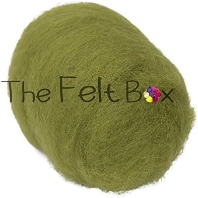 The Felt Box Olive #77 Carded Wool for Needle Felting - Short Fibre Batt 100g, Olive (77)