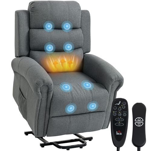 HOMCOM Fernsehsessel Elektrisch Relaxsessel mit Aufstehhilfe, Vibrationsmassage, Liegefunktion, Massagesessel mit Fernbedienung mit USB Anschluss, Seitentasche, Leinenoptik, für Wohnzimmer, Grau