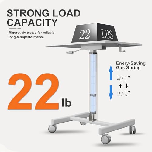 Image of Mobile Standing Desk on Wheels, Pneumatic Height Adjustable, White