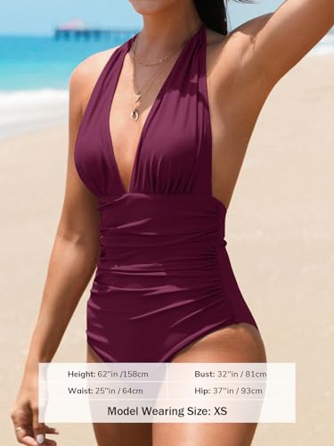 Image of CUPSHE Women Deep V Neck One Piece Halter Swimsuit | Backless,Ruched,Tummy Control,Soft Removable Cups,Flattering Bathing Suit For Vacation And Beach