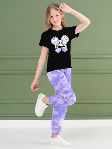 Image of ARTMINE Girls' 2 Piece Outfits Casual Drawstring Jogger Pants and Basic Short Sleeve Top Set, 6-14 Years