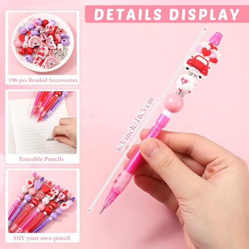 Fullhawl 224 Pcs Valentine\'s Day Beadable Pencils Kit, 28 Set DIY Beadable Pencils with Pink Beads Beadable Pencils Bags Bead Pens for Valentine\'s Day Gifts School Office Supplies(Lovely Style)