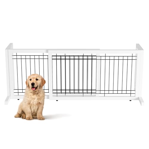 Bonnlo Free Standing Dog Gate, 37' - 68' Wide Pet Gate for Fireplace Stairs Doorways, Wooden Adjustable Pet Fence Indoor, Christmas Tree Gate (White)