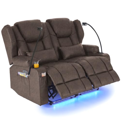Image of Redlife Power Loveseat Recliner Sofa, Leathaire Farbic Dual Reclining Couch with Vibration ＆ Heating, Blue LED Base Lights, USB Ports, Cup & Phone Holders, Home Theater & RV Reclining (Coffee Brown)