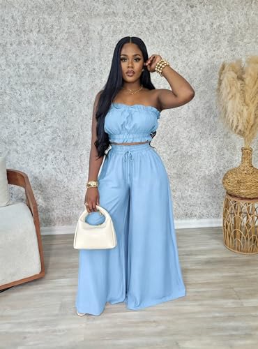 Image of Two Piece Sets for Women Summer Outfits Crop Tops and Wide Leg Pants Sets Sexy Jumpsuits Vacation Outfits with Pockets