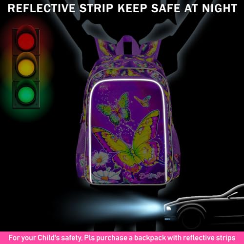 Image of 3Pcs Butterfly Backpack for Girls, 16 inch Kids Bookbag with Lunch Box，School Backpacks for Elementary Preschool Kindergarten (Purple)