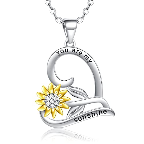 Herzkette Halskette 925 Silber Kette Damen Schmuck Sonnenblume Herz Anhänger Gravur"You are My Sunshine" Geschenk für Frau Frauen MaMa Freundin mit Rose Blume geschenkbox an Geburtstags Valentinstag Cover
