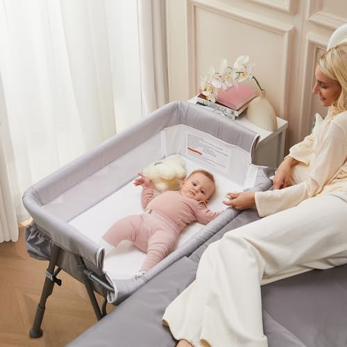 Image of Nezmdi Baby Bassinet Bedside Sleeper Crib with Mattress 5-Level Adjustable Height, Breathable Mesh & Mosquito Net, Portable Folding Travel Cradle with Auto-Lock Wheels Grey