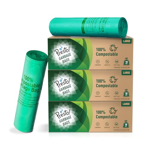 Presto! Amazon Brand - 100% Compostable Garbage Bags | Large (L) | 30 Counts | 10 Bags X 3 Packs | 24 x 32 Inches | Strong and Durable | For Dry and Wet Waste, Green