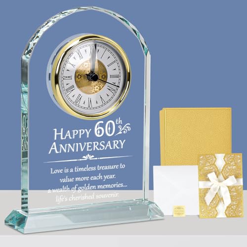 Top-spring 60th Wedding Diamond for Couple Parents & Grandparents Desk Quartz Clock With Card Crystal Gifts & 60th Wedding Anniversary Decorations (60th Anniversary)