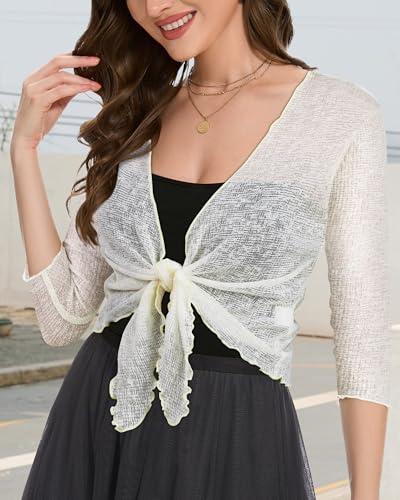 Image of Women Crop Cardigan Sheer Mesh Bolero Shrug for Dress Tie Front 3 /4 Sleeve Tops