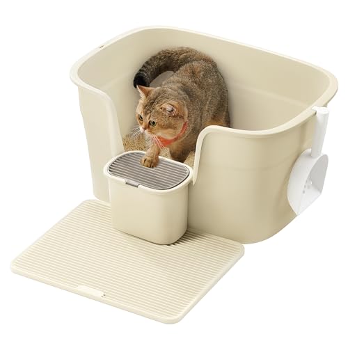 Feandrea Lettiera per Gatti in Casa, Extra Larga con Lati Rialzati, con Tavola Raccogli Lettiera, Scatola Portaoggetti, Paletta, per Più Gatti di Taglia Grande, Beige Sabbia PPT003L01