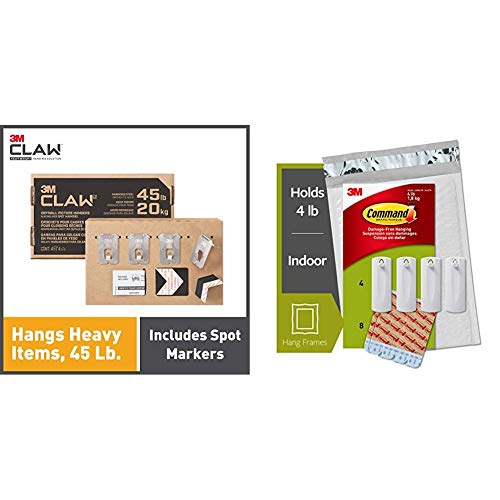 3M CLAW Drywall Picture Hangers Holds 45 lb. & Command Sawtooth Picture Hangers, White, 4-Hangers