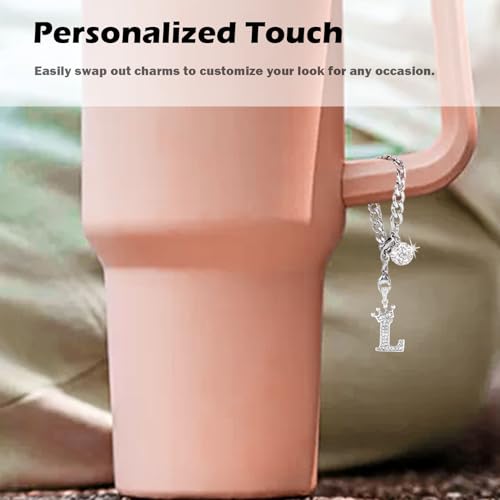 Silver Letter Charms for Stanley Cup- Crown Letter Charms Accessories for Stanley Handle 40Oz Tumblers Water Bottle Cup Initial Keychain with Diamond Glitter Jewelry Personalized Decorations L4