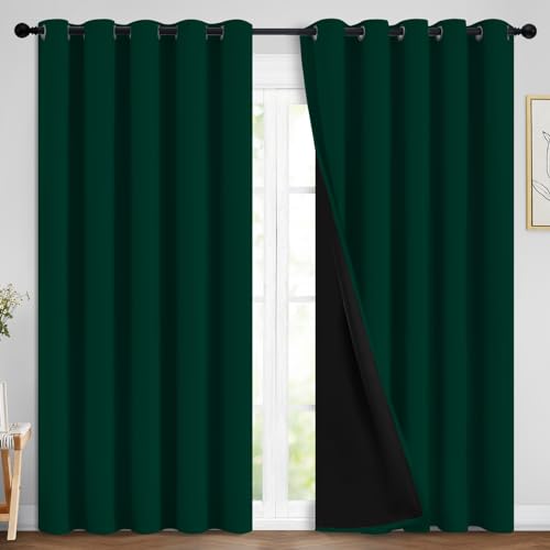 Image of Yakamok Dark Green 100% Blackout Curtains 84 Inches Long 70 inch Wide 2 Panels | Blackout Curtain Panels for Bedroom, 2 Thick Layers Grommet Top Thermal Insulated Drapes with Black Liner for Living Room