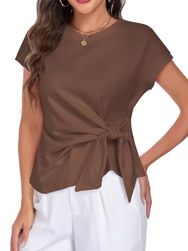 Image of HOTIAN Womens Cap Sleeve T Shirts 2026 Tie Waist Wrap Tops Crew Neck Blouses Casual Loose Work Business Dressy