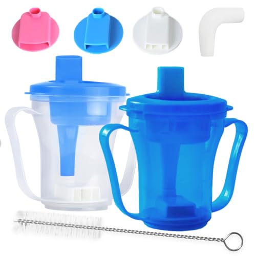 Ehucon Dysphagia Cup for Adults with 5cc 10cc & 15cc Flow Control - Choke Proof Drinking Cup with Dual Handles for Elderly Stroke Dementia & Parkinson (Blue(Blue & Transparent) Pack of 2 PCS)
