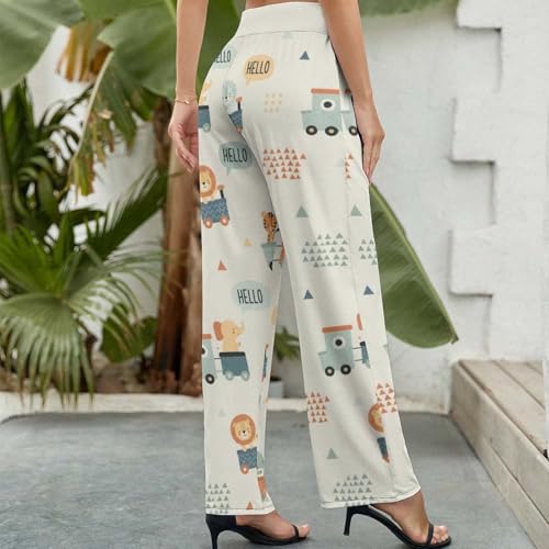 HLSDFRES Cartoon Lions Elephant Women's Summer Wide Leg Palazzo Pants High Waisted Flowy Casual Beach Trousers M