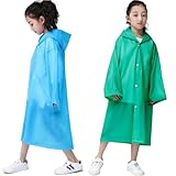 RUISHYY Raincoat Rain Ponchos for Kids (2 Pack), Reusable EVA Rain Coats Jackets with Hood for 6-13 Children Boys Girls (Blue+Green)