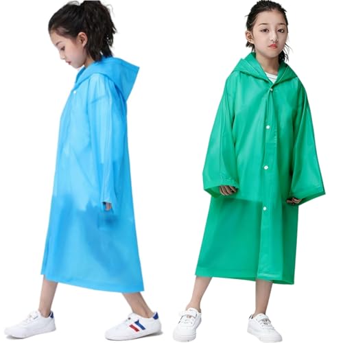 RUISHYY Raincoat Rain Ponchos for Kids (2 Pack), Reusable EVA Rain Coats Jackets with Hood for 6-13 Children Boys Girls (Blue+Green)