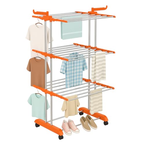 Image of ZOLMIX Premium Foldable Cloth Drying Stand Stainless Steel - 3 Tier Heavy Duty Clothes Dryer for Balcony, Indoor & Outdoor Use, Wheels & Hanger Slots Cloth Stand Anti Rust Laundry Rack - Orange