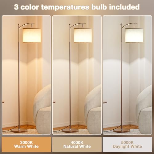 Image of Ambimall 60 inch Floor Lamp for Living Room with 3 Color Temperatures, Adjustable Beige Shade with Brown Pole, Tall Lamp for Bedroom Office Classroom Dorm Room, 9W Bulb Included