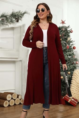 Image of Women Plus Size Floor Length Open Front Drape Cardigan Lightweight Long Sleeve Maxi Duster with Pockets 1X-5X