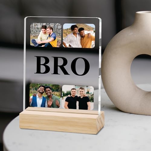 Image of Giftplease Customized Photo And Text Frame With Wooden Stand | Personalised Printed Photo Frame | Gift For Brother | Birthday | (Transparent, 5MM, 6 * 8 Inches), Tabletop BG 03