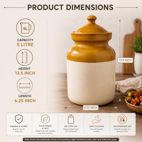 Image of Pure Source India Ceramic Pickle Jar with Lid | Airtight Ceramic Storage Container for Pickles, Chutney, Spices & Dry Snacks | Glossy Handmade Kitchen Storage Jar (5, litres)