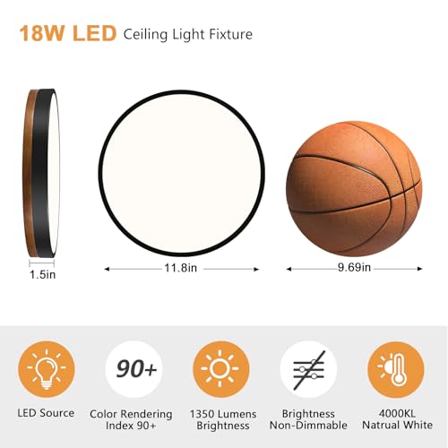 Image of Modern Walnut Wood Black Flush Mount Ceiling Light 11.81 Inch