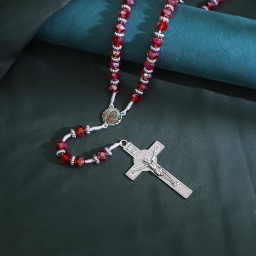 image for KOMI 10mm Facted Crystal Red Rosary Beads Catholic for Women Rosarios 