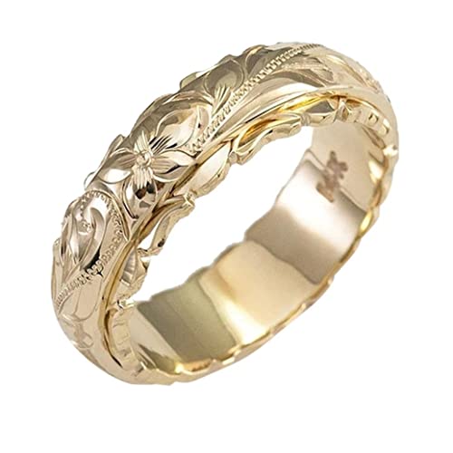 Floral Engraved Gold Wedding Band Stackable Ring Handcarved Floral Engraved Ring Band Flower Signet Ring Statement Ring with Botanical Engraved Jewelry Gift for Women/Girls (Gold, 8)