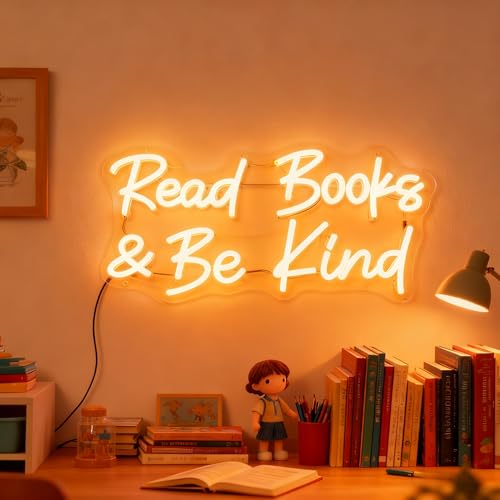 Image of Read Books And Be Kind Neon Sign for Wall Decor, Dimmable Neon Light Signs for Bedroom LED Signs for Classroom Bookstore Library Study Reading Study Room Decoration