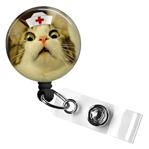 Funny Animal Cat Badge Reel Retractable Holder with ID Alligator Clip for Nurse Name Tag Card Cute Medical Assistant Office Nursing Student Work Hospital Gift Cover