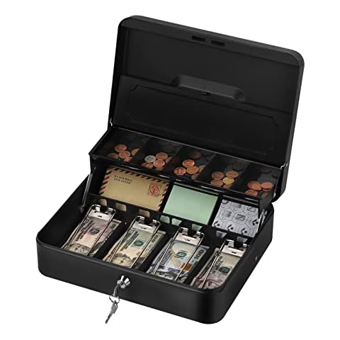 UOMIO Geldkassette Abschließbar Metall Kasse mit 4 Bargeld Slots 5 Münzschlitz 2 Schlüssel Sichere Geldkassette für Büro Zuhause Schwarz Cover