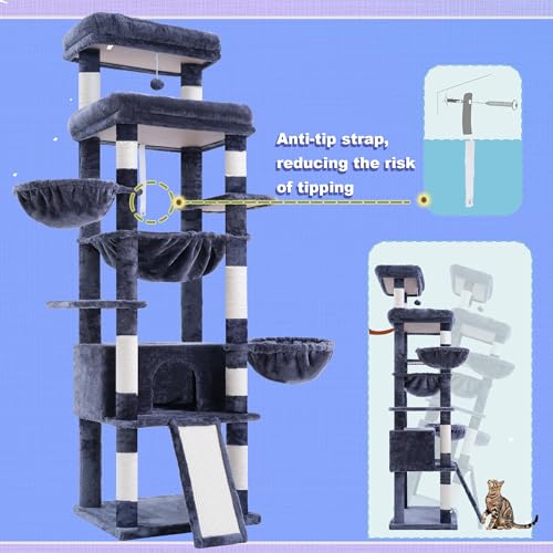 Hey-brother Cat Tree Tower, Scratching Posts with Extra Large Platform and Basket, Specious Condo, 2 Cozy Hammocks, Scratch Board for Indoor Adult Cats, Maine Coon 71.7 inches, Smoky Gray MPJ080G by Hey-brother - Used condition - Image 7